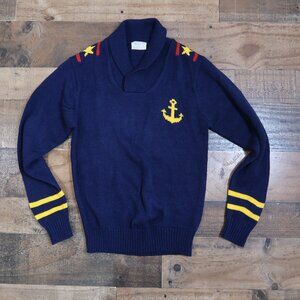 Vintage JcPenney Boys Large Blue Anchor Nautical Theme Sweater Shawl Collar 70s